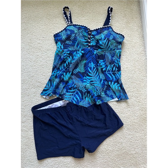 Other - Tropical Beach Summer Tankini Set XL Blue Floral Swim Shorts Lace Up Scallop
